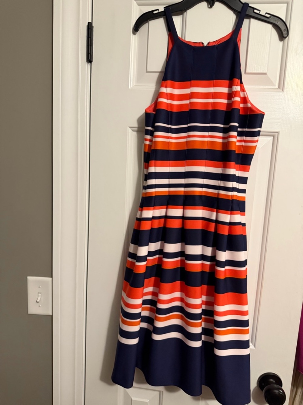 Vince Camuto Striped Navy, Orange & White Sleeveless Fit-and-Flare Dress. Sz- 6